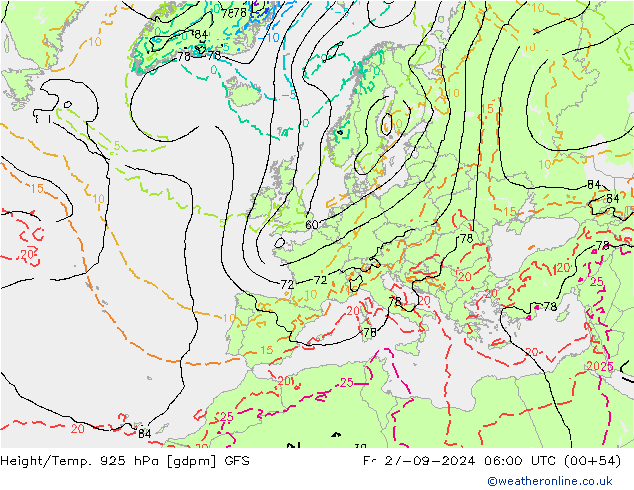 Geop./Temp. 925 hPa GFS vie 27.09.2024 06 UTC