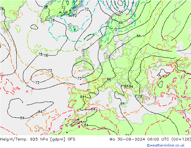 Géop./Temp. 925 hPa GFS lun 30.09.2024 06 UTC