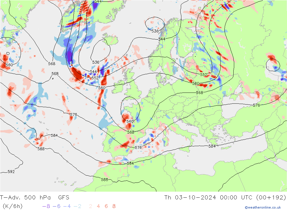 T-Adv. 500 hPa GFS Th 03.10.2024 00 UTC