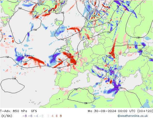 T-Adv. 850 гПа GFS пн 30.09.2024 00 UTC
