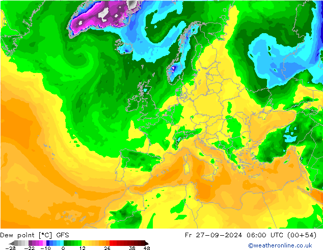 точка росы GFS пт 27.09.2024 06 UTC