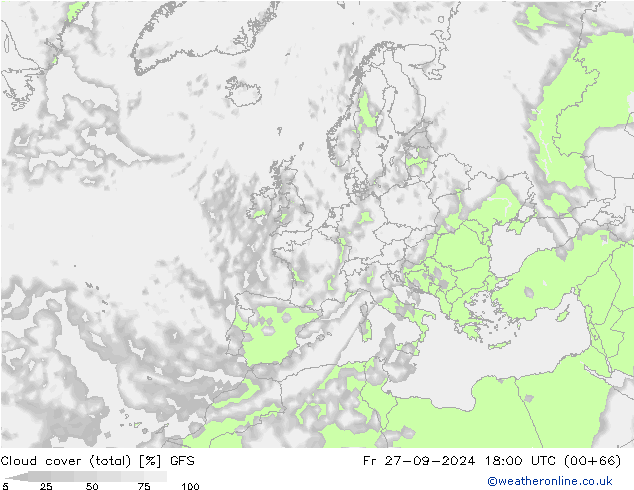 Cloud cover (total) GFS Pá 27.09.2024 18 UTC