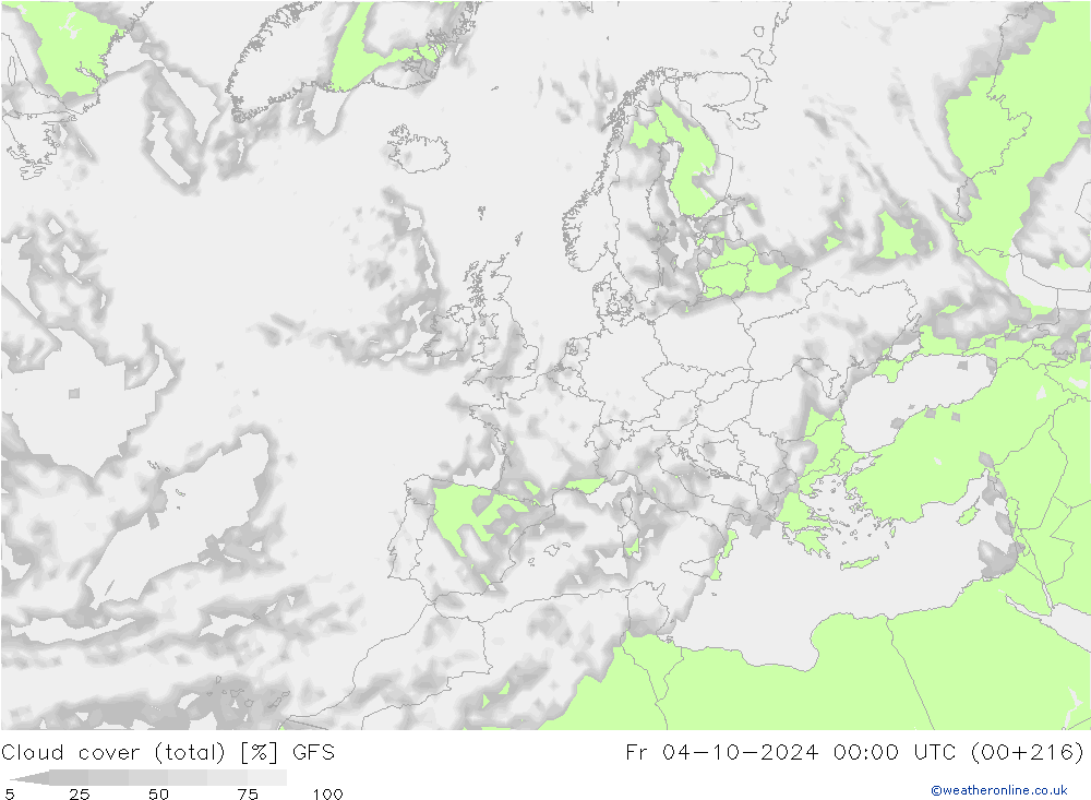 Cloud cover (total) GFS Fr 04.10.2024 00 UTC