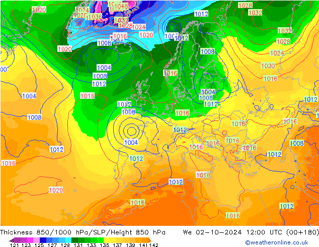 Thck 850-1000 hPa GFS Qua 02.10.2024 12 UTC