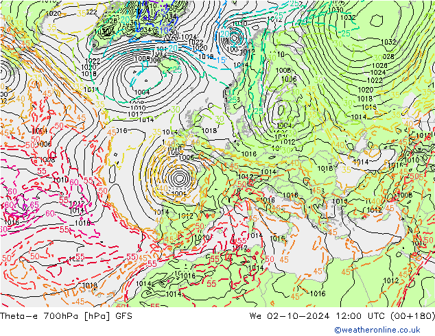 Theta-e 700hPa GFS Çar 02.10.2024 12 UTC