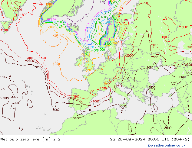 Wet bulb zero level GFS So 28.09.2024 00 UTC