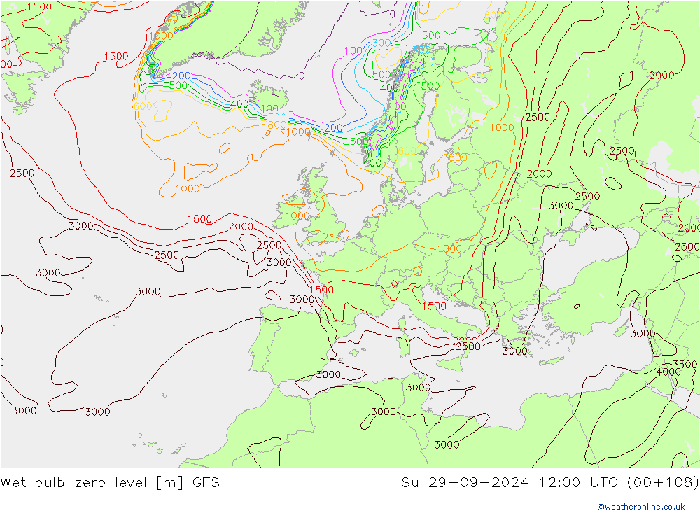 Wet bulb zero level GFS Вс 29.09.2024 12 UTC