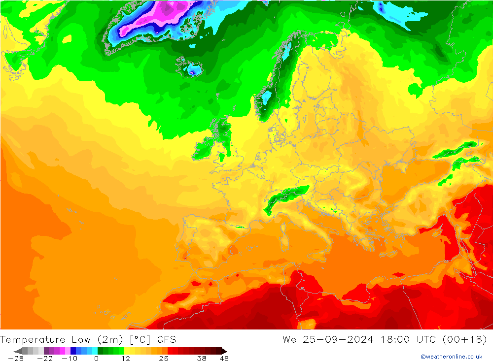 Min.temperatuur (2m) GFS wo 25.09.2024 18 UTC