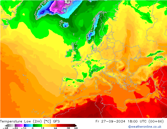 Nejnižší teplota (2m) GFS Pá 27.09.2024 18 UTC