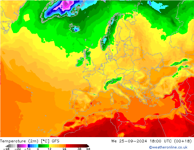 Temperatura (2m) GFS mer 25.09.2024 18 UTC