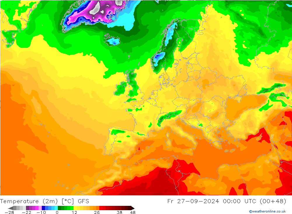 Temperatuurkaart (2m) GFS vr 27.09.2024 00 UTC