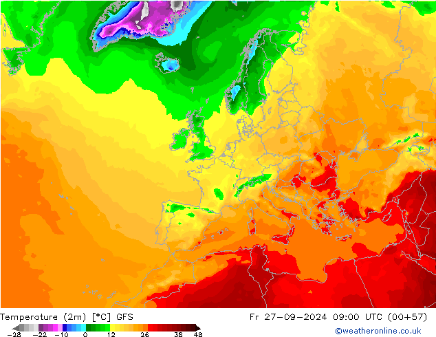 Temperatura (2m) GFS vie 27.09.2024 09 UTC