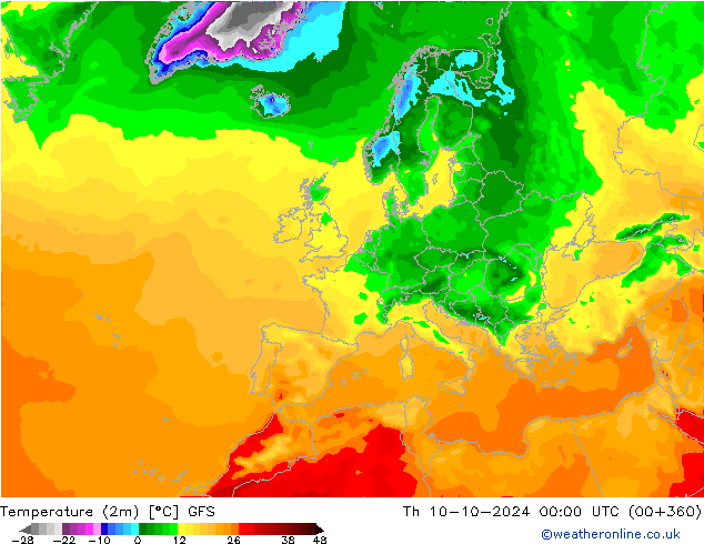 Temperatuurkaart (2m) GFS do 10.10.2024 00 UTC