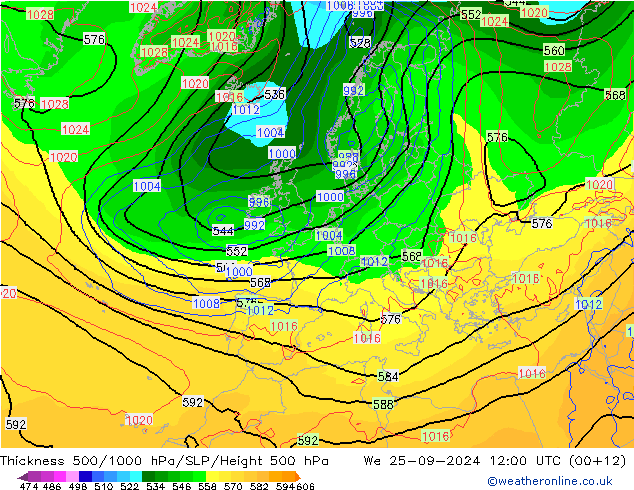 Schichtdicke 500-1000 hPa GFS Mi 25.09.2024 12 UTC