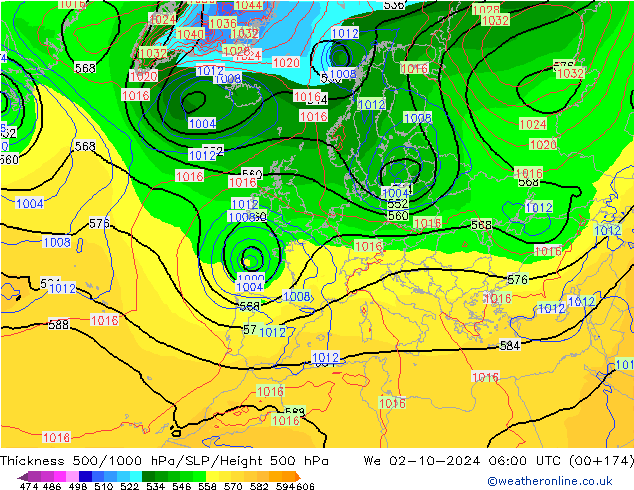 Espesor 500-1000 hPa GFS mié 02.10.2024 06 UTC