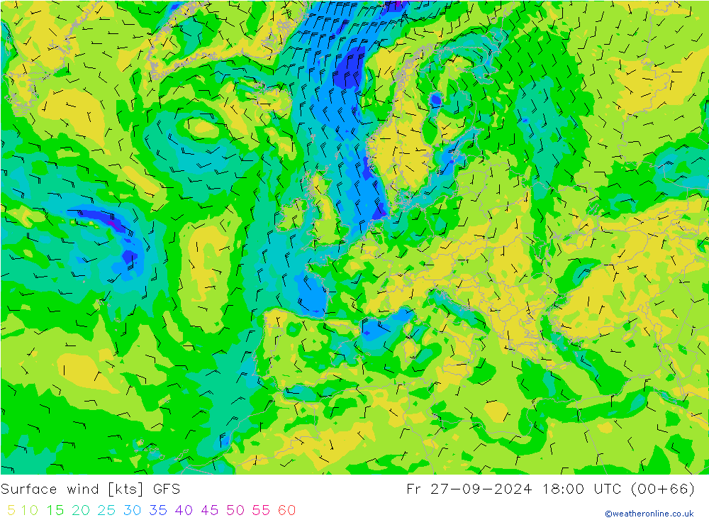 ветер 10 m GFS пт 27.09.2024 18 UTC