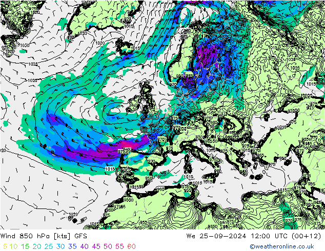 Vento 850 hPa GFS mer 25.09.2024 12 UTC