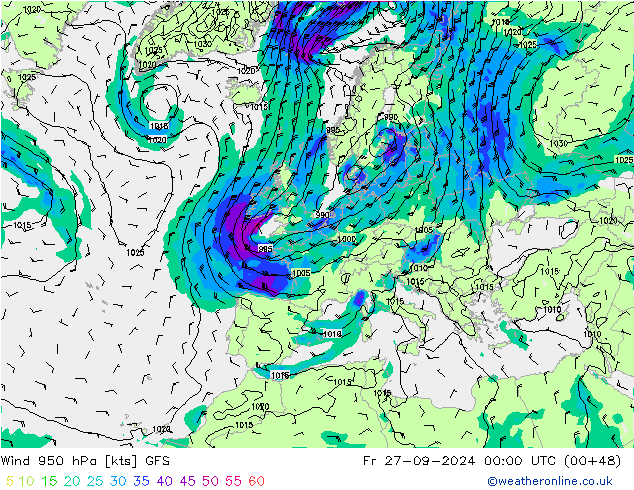 Vento 950 hPa GFS Sex 27.09.2024 00 UTC