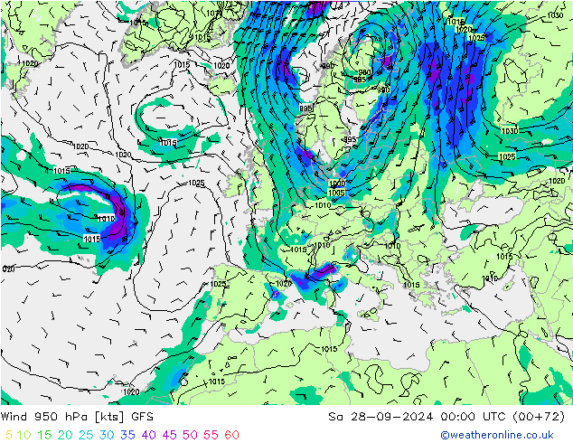 Wind 950 hPa GFS Sa 28.09.2024 00 UTC