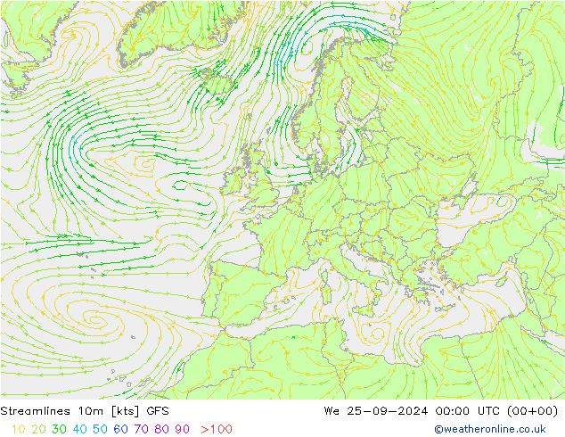 Streamlines 10m GFS We 25.09.2024 00 UTC