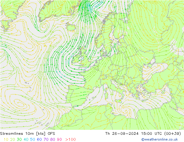 Streamlines 10m GFS Th 26.09.2024 15 UTC