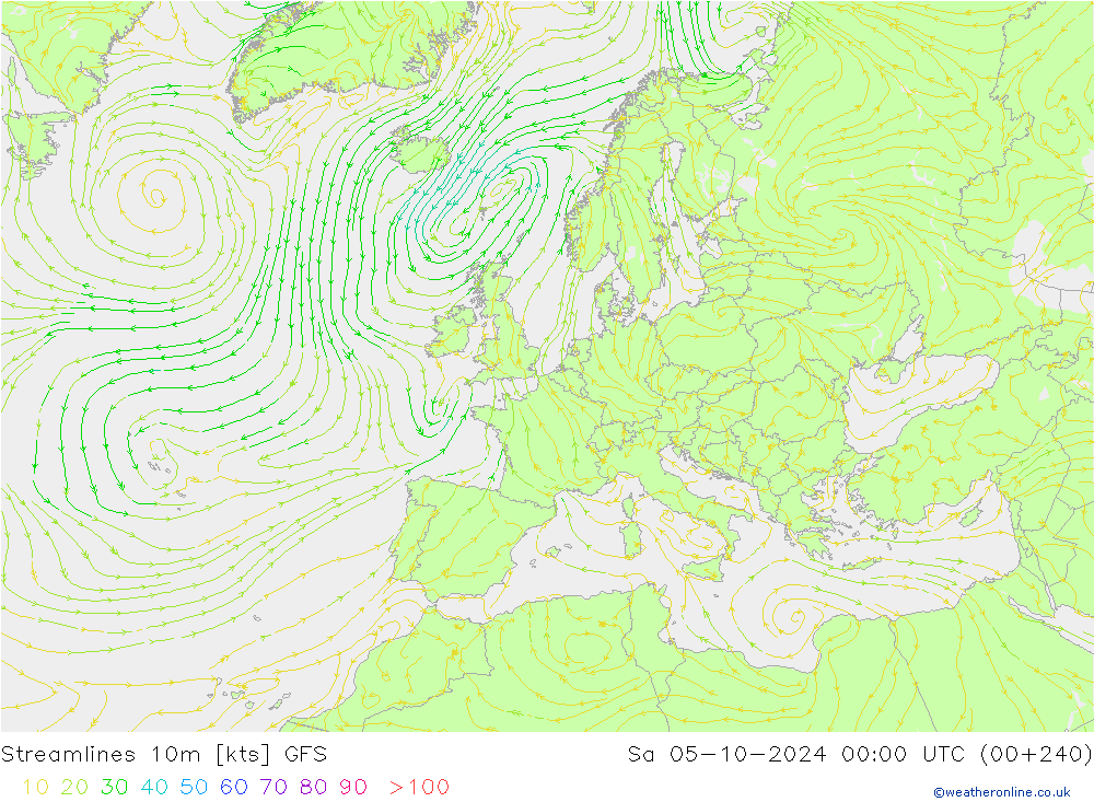 Streamlines 10m GFS Sa 05.10.2024 00 UTC