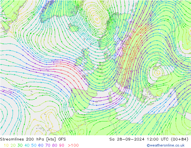ветер 200 гПа GFS сб 28.09.2024 12 UTC