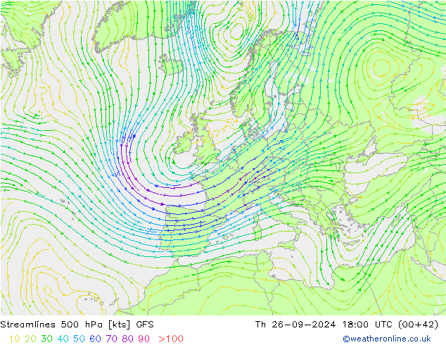 Ligne de courant 500 hPa GFS jeu 26.09.2024 18 UTC