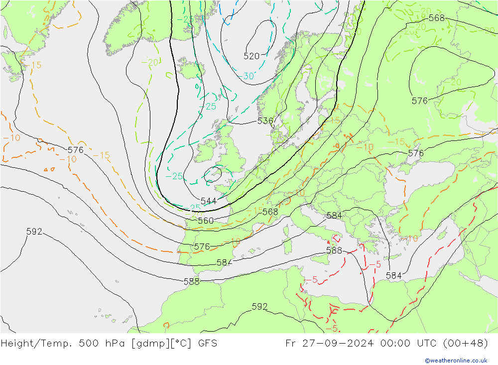 Z500/Rain (+SLP)/Z850 GFS ven 27.09.2024 00 UTC