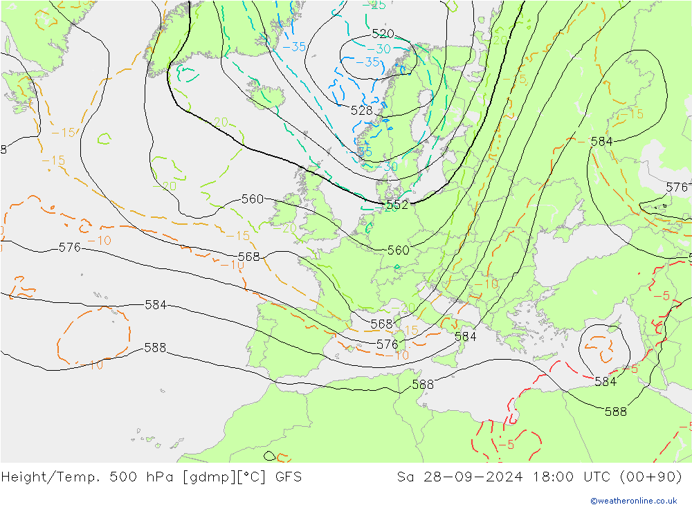 Z500/Rain (+SLP)/Z850 GFS Sa 28.09.2024 18 UTC