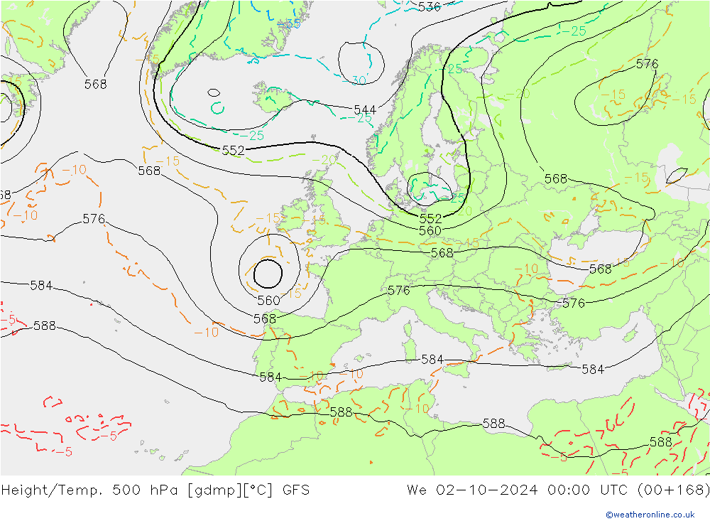 Hoogte/Temp. 500 hPa GFS wo 02.10.2024 00 UTC