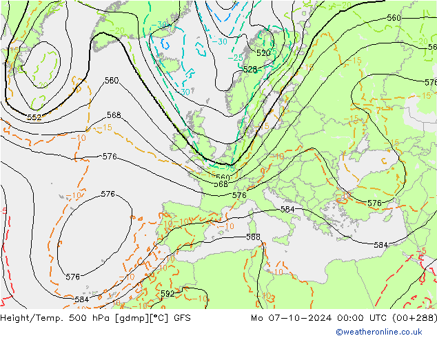 Z500/Rain (+SLP)/Z850 GFS lun 07.10.2024 00 UTC