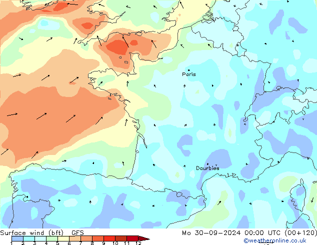 Surface wind (bft) GFS Po 30.09.2024 00 UTC