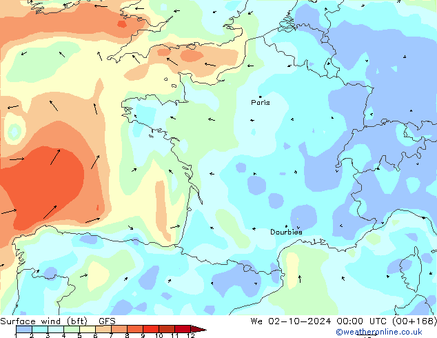 Viento 10 m (bft) GFS mié 02.10.2024 00 UTC