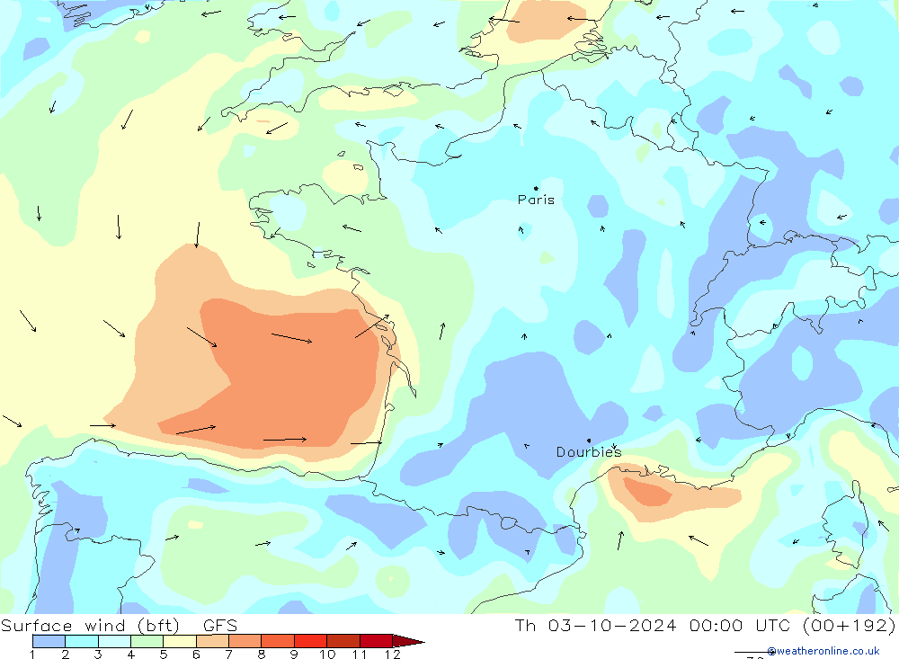 Vento 10 m (bft) GFS gio 03.10.2024 00 UTC