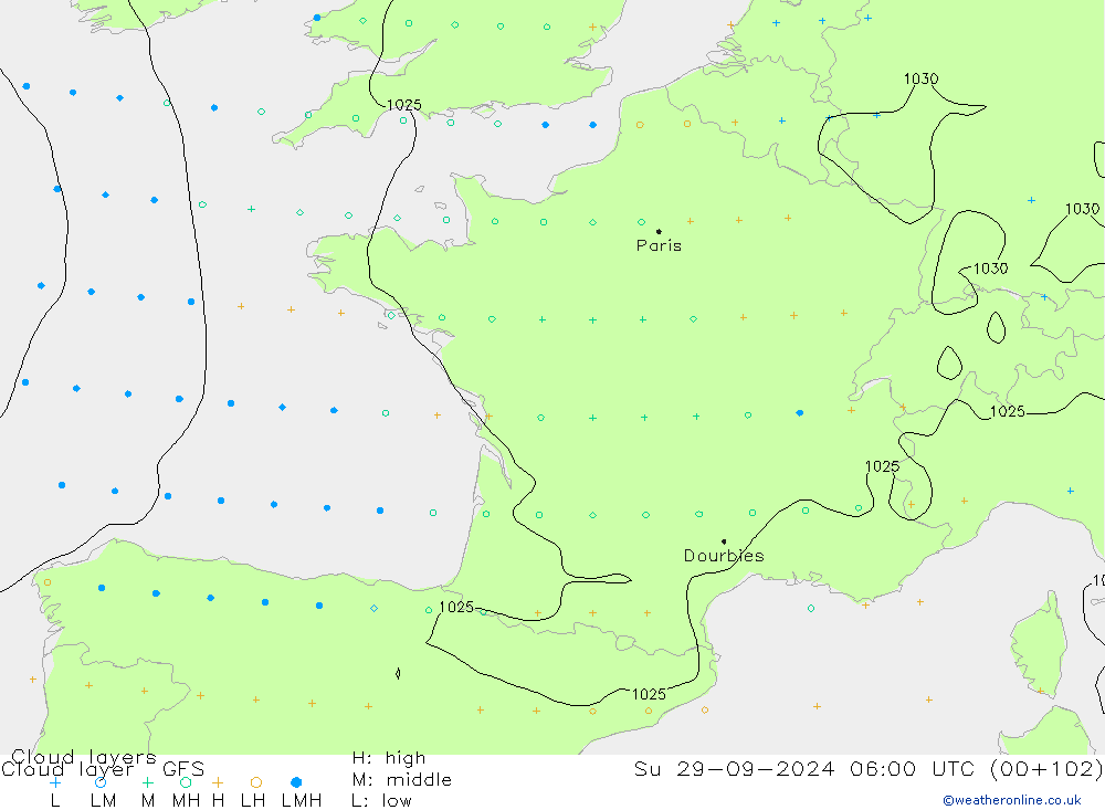 Wolkenlagen GFS zo 29.09.2024 06 UTC