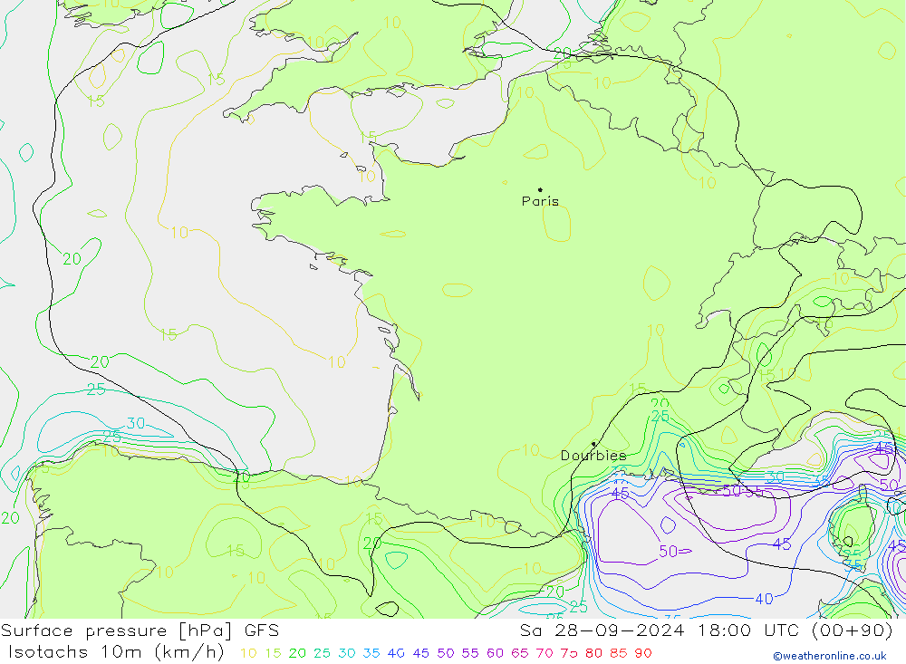 Isotachs (kph) GFS Sáb 28.09.2024 18 UTC