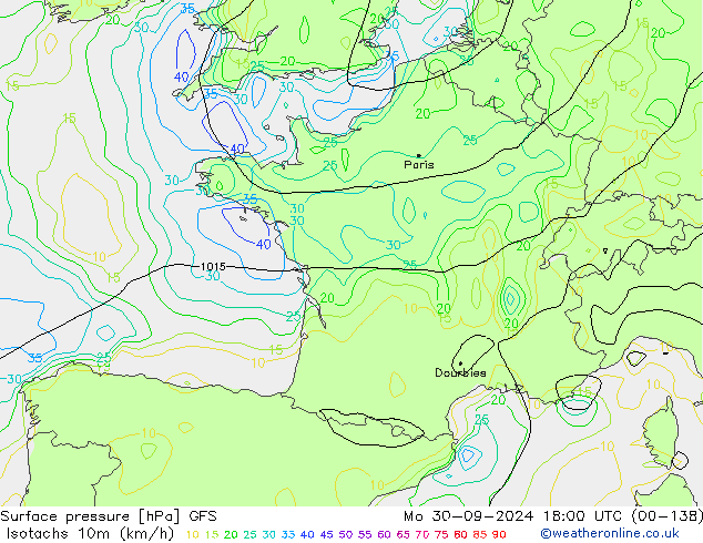 Isotachs (kph) GFS lun 30.09.2024 18 UTC