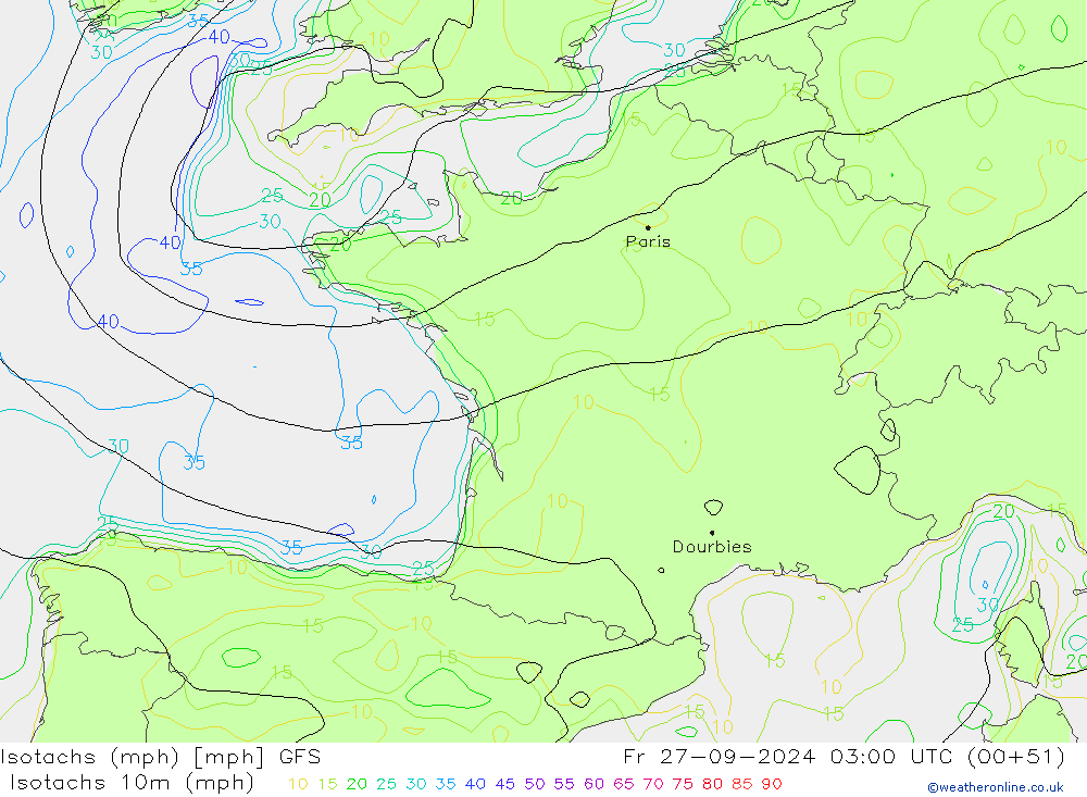 Isotachs (mph) GFS Fr 27.09.2024 03 UTC