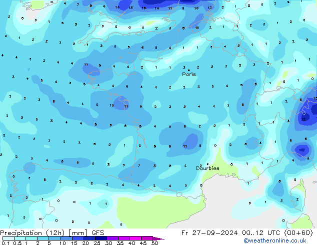 Nied. akkumuliert (12Std) GFS Fr 27.09.2024 12 UTC