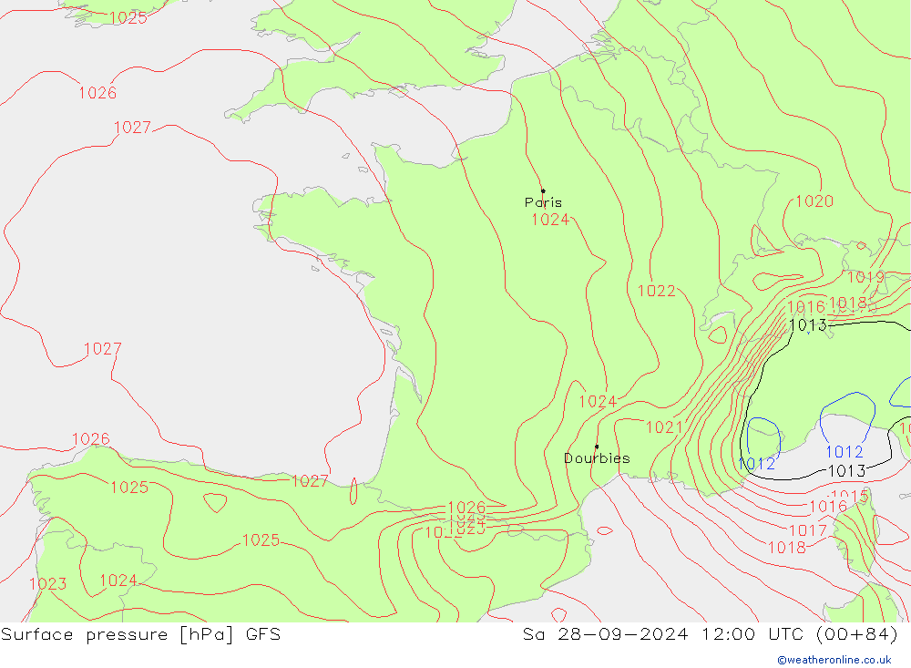 pressão do solo GFS Sáb 28.09.2024 12 UTC