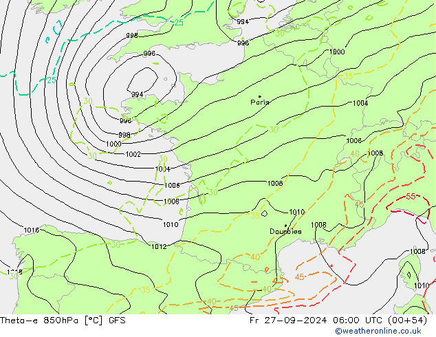 Theta-e 850hPa GFS Fr 27.09.2024 06 UTC