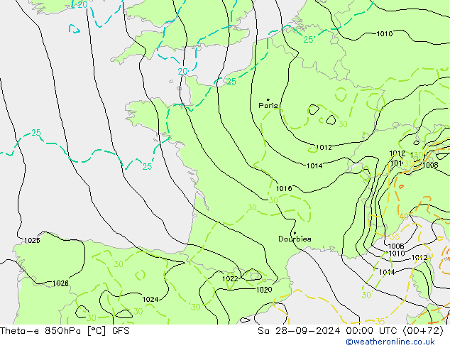 Theta-e 850hPa GFS so. 28.09.2024 00 UTC