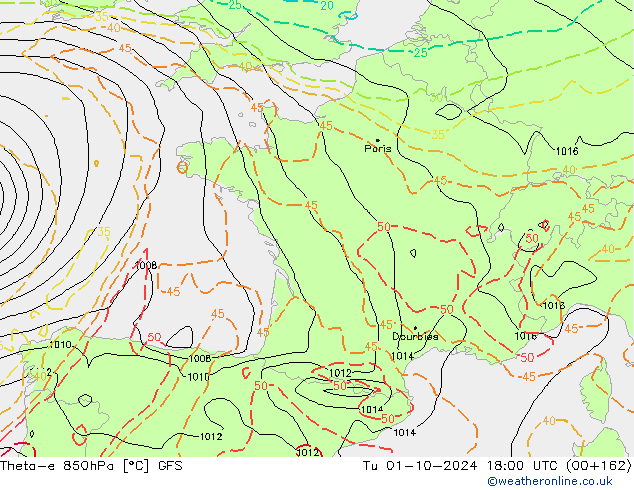 Theta-e 850hPa GFS wto. 01.10.2024 18 UTC