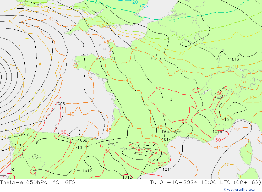 Theta-e 850hPa GFS Tu 01.10.2024 18 UTC