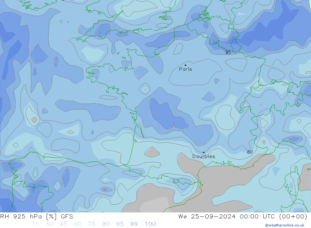 RH 925 hPa GFS We 25.09.2024 00 UTC