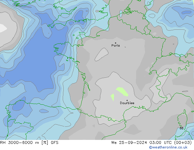 Humidité rel. 3000-6000 m GFS mer 25.09.2024 03 UTC