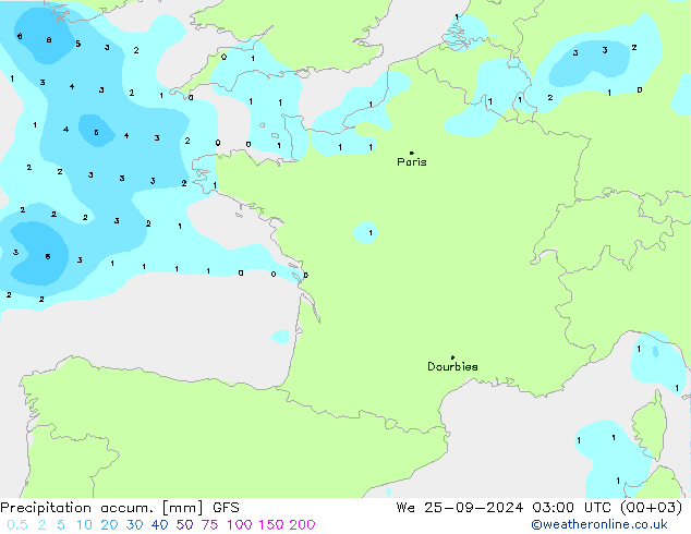 Precipitation accum. GFS ср 25.09.2024 03 UTC