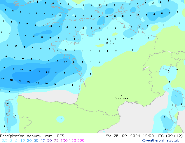 Precipitación acum. GFS mié 25.09.2024 12 UTC