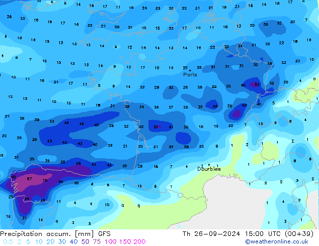 Totale neerslag GFS do 26.09.2024 15 UTC